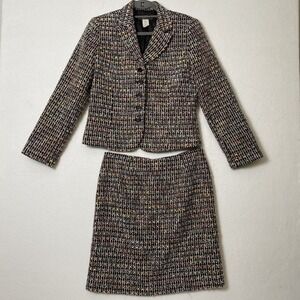 VTG Harris Wallace New York Black Boucle Multi Blazer Mini Skirt Set Women Sz 8